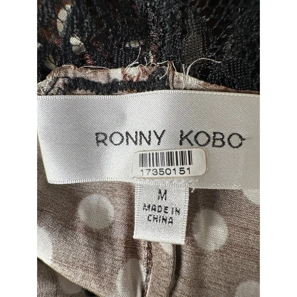 Ronny Kobo Holiday Dress Sleeveless V-Neck Lace Trim Midi Brown Polka Dot Medium - Picture 7 of 9